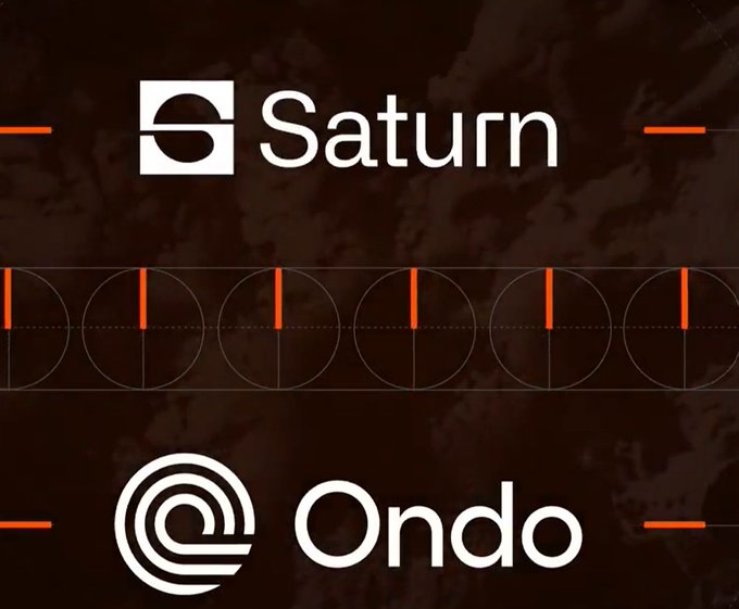 Graphic displaying the logos for Saturn and Ondo against a dark textured background with a row of orange and gray geometric markers.