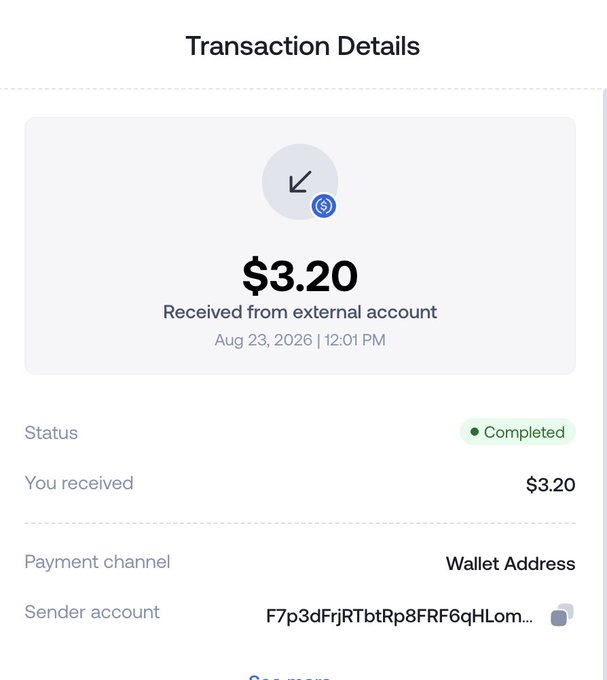 Mobile screenshot of a completed transaction details page showing $3.20 received from an external account via Wallet Address on August 23, 2026.