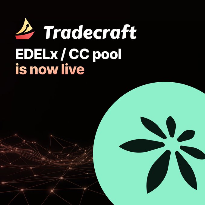 The image features a green flower with a red stem, which is the main focus of the image. Below this, there are two lines of text that read "EDELx/CC pool" and "is now live". The background of the image is black, providing contrast for the flower and making it stand out.