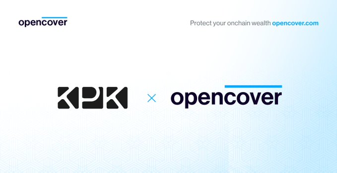 A promotional graphic showing a partnership between KIP and Opencover, with the tagline 'Protect your onchain wealth opencover.com' displayed at the top.