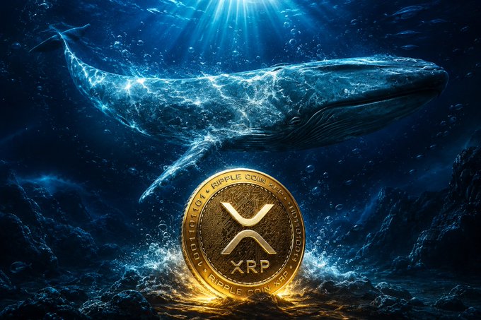 A digital artwork of a glowing blue whale swimming underwater above a golden Ripple (XRP) cryptocurrency coin surrounded by splashing water.