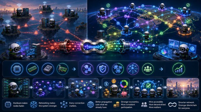The image visually illustrates the concept of decentralized network scaling, contrasting isolated hardware upgrades on the left (depicted as separate "islands" of CPUs, RAM, storage, and GPUs connected by red warning lines) with a fully interconnected global blockchain network on the right, where nodes communicate through glowing link chains. Below, a series of icons with captions reinforces the message: "Hardware makes nodes faster," "Networking makes the system stronger," "Every connection matters," "Better propagation uses what we already have," "Stronger economics, More consistent participation," "More accessible, More decentralized, More resilient," and "Smarter network, Stronger blockchain for everyone," suggesting that optimizing connections between machines is more important than just upgrading individual hardware.
