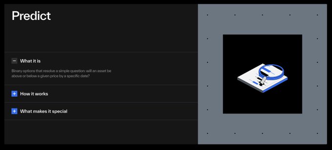 A dark-themed website section titled 'Predict' describes a binary options prediction market for asset prices, with sections labeled 'What it is', 'How it works', and 'What makes it special'.