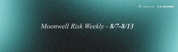 A title card with a teal gradient background reads "Moonwell Risk Weekly - 8/7-8/13" with antiqua labs and moonwell logos in the top right corner.