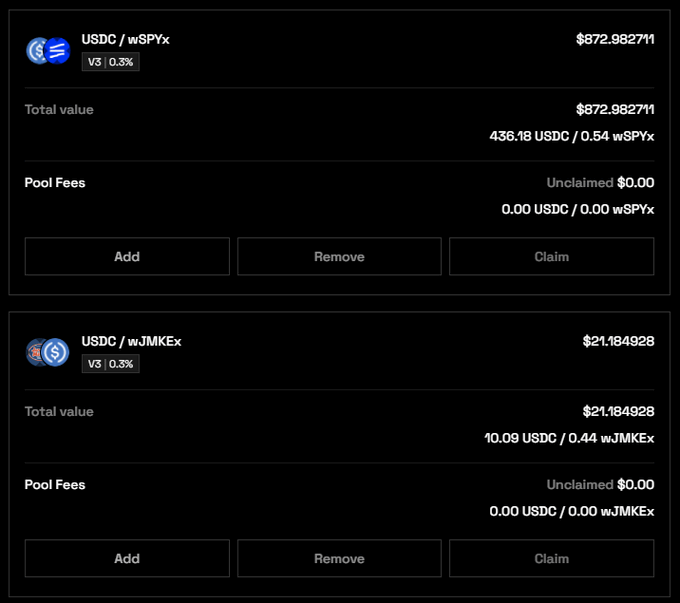 A liquidity pool dashboard showing USDC paired with wSPYx (worth $872.98) and wJMKEx (worth $21.18) on Fluxion Network, with options to Add, Remove, or Claim. The image illustrates the user's recent diversification into tradfi assets like SPYx and JMKEx through the Fluxion DEX on Mantle.