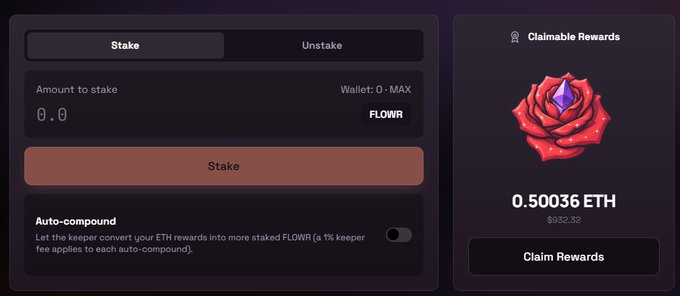 The image shows a FLOWR staking interface with an input field for "Amount to stake" (currently 0.0 FLOWR) alongside a Claimable Rewards panel displaying 0.50036 ETH ($932.32) worth of unclaimed rewards, highlighting the auto-compound feature for converting ETH rewards back into staked FLOWR tokens.