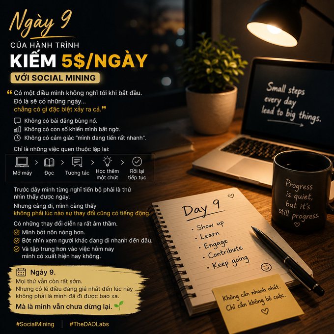 The image features a wooden desk with various items, including a laptop computer, a notebook, a cup of coffee, and a potted plant. The background includes text written in Vietnamese that reads "Ngày 9/30 hình trình kiếm với khi bắt đầu mình không nghĩ tới khi bắt có rất nhiều những ngày... chẳng có gì đặc biệt xảy ra cả. Không có con số khiến mình bất ngờ." The post is titled "Ngày 9/30 hình trình kiếm với khi bắt đầu mình không nghĩ tới khi bắt có rất nhiều những ngày... chẳng có gì đặc biệt xảy ra cả." The image is related to the post because it features a desk with items that are commonly found in an office setting, such as a laptop and a notebook.
 
The text on the image also contains Vietnamese words, which further emphasizes its connection to the post.
