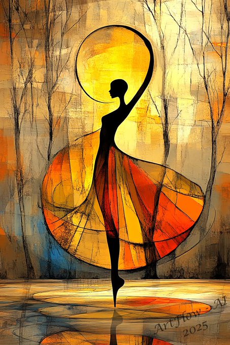 An abstract painting by 'Artflow 2025' showing a silhouette of a ballerina holding a large yellow circle, with a flowing, colorful skirt against a textured forest background.