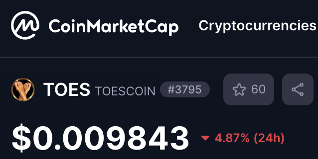 The image shows a CoinMarketCap listing for TOESCOIN (TOES), ranked #3795, trading at $0.009843 with a 4.87% decline in the last 24 hours, reinforcing the post's claim that the token has visibility on the platform's tracker.