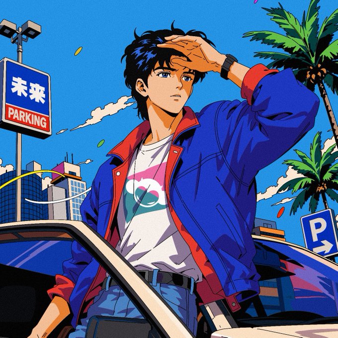 A retro anime-style illustration shows a young man in a blue jacket shading his eyes as he looks into the distance, standing near a car with a "未来 PARKING" (Future Parking) sign and a blue "P" parking sign nearby. The vibrant, stylish artwork visually reinforces the post's celebratory tone, suggesting the rarity and value of the GTDs (guaranteed spots) acquired from MiraipopNFT.