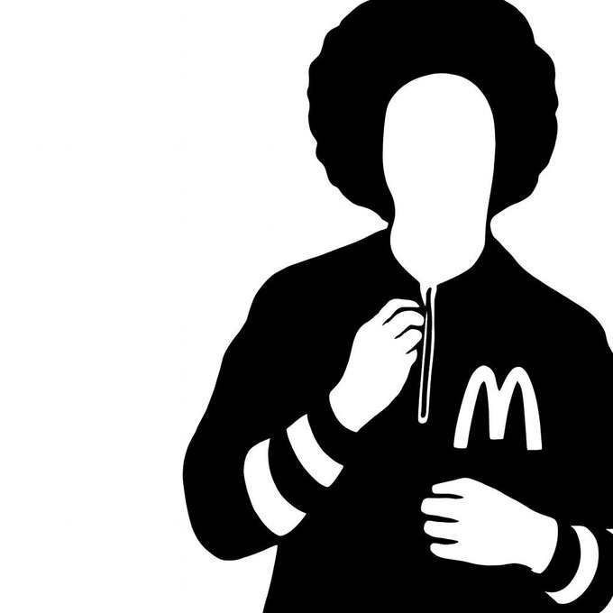 A black and white image of someone wearing a McDonald's jacket, holding onto their zipper while making a face with raised eyebrows as if they are trying to sell Bitcoin. The surrounding text suggests that Bitcoin has been down in price and implies that those who invested early will likely make more than those who only started investing later on the cryptocurrency market.