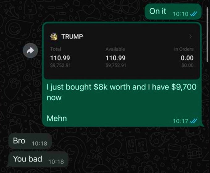 The image features a conversation between two people, discussing Trump coins from January 2020. One person has just bought a Trump coin worth $8,000 for $9,999, claiming that they have just invested "worth" of money into the coin at its peak in January 2020. The other person is responding with their thoughts about the value of the coin or any additional information related to it.