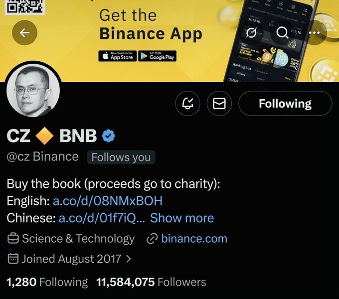 The image shows a social media post featuring a man's profile picture with a yellow background and black text. The post includes an advertisement for a book that promotes charity. The post also mentions that the person who posted about the book is CZ, which stands for "CZ Binance App".