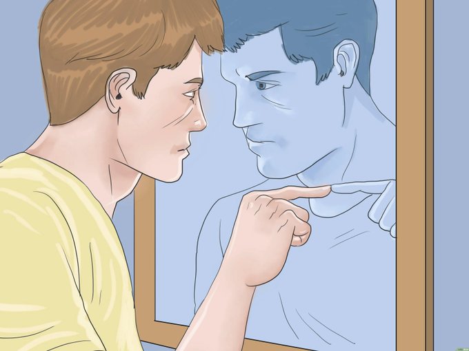An illustration of a young man with blonde hair looking at his reflection in a mirror, where his reflection appears blue and is pointing a finger back at him, suggesting a theme of self-reflection or duality.