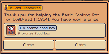 Game reward notification reading 'Reward Discovered - Thank you for helping the Basic Cooking Pot for EvilBread (#1854). You have won a prize.' offering '1 x Bronze Food Box' with Close and Claim buttons.