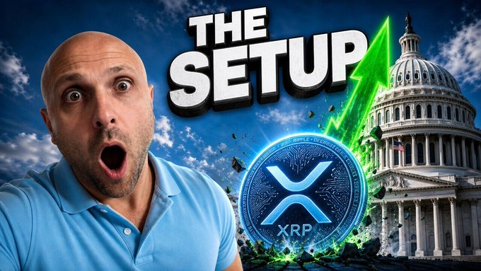 The image shows a shocked-looking bald man in a blue shirt alongside a stylized graphic featuring the text "THE SETUP," an XRP cryptocurrency coin, a green upward-pointing arrow, and the U.S. Capitol building, visually emphasizing the post's claim that XRP is coiling near a $1.13 resistance level after 25 consecutive days of higher lows, suggesting a potential breakout.
