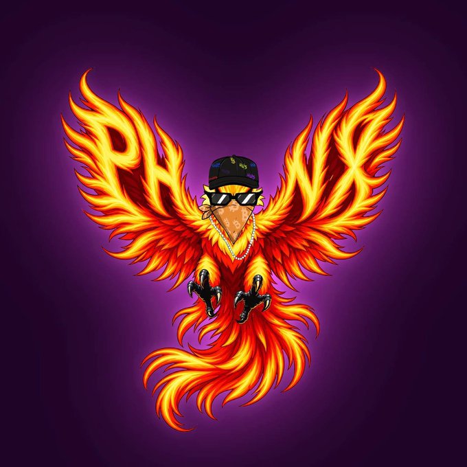 A vibrant phoenix composed entirely of fiery orange and yellow flames spreads its wings against a deep purple background, sporting a black cap, gold chain, and pixelated "deal with it" sunglasses. The flaming bird embodies the spirit of the "gm" (good morning) NFT community greeting, symbolizing a fresh, hype start to the day in Web3 culture.