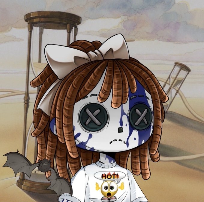 An illustration of a stylized doll-like character with button eyes, stitched mouth, brown dreadlocks with a large bow, blue paint smeared on its face, wearing a shirt that says 'HOTT!', with a small bat flying nearby in a desert setting.