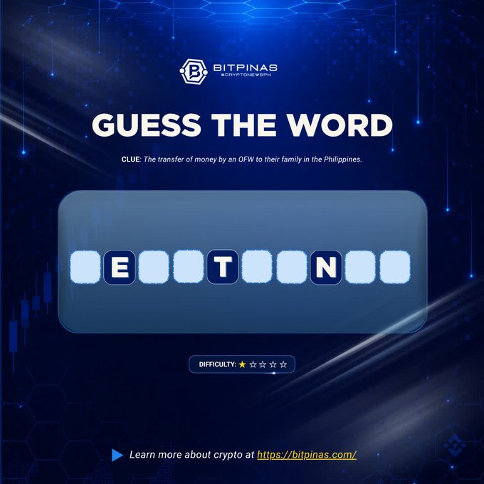 A BitPinas 'Guess the Word' puzzle graphic with the clue 'The transfer of money by an OFW to their family in the Philippines,' showing revealed letters E, T, N with a link to https://bitpinas.com/.