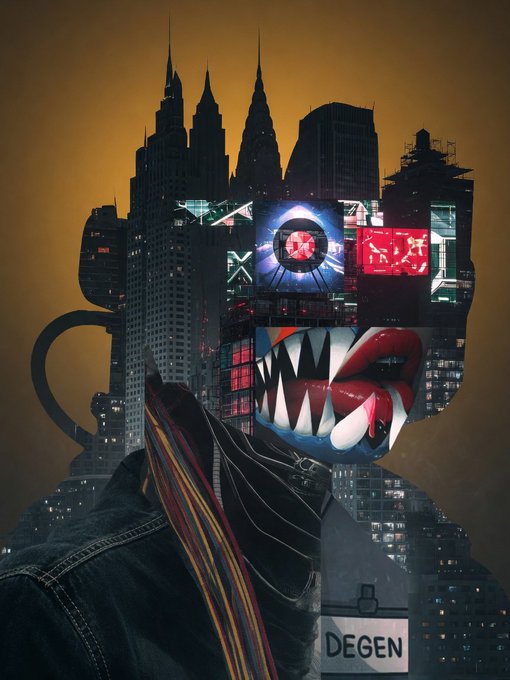 A surreal figure with a cityscape and digital screen head featuring a fanged mouth and red "EXIT" sign stands above a "DEGEN" name tag, matching the urban NFT art vibe referenced in the R3ORDR token post.