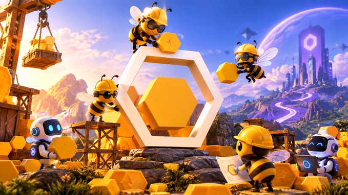 A vibrant 3D illustration of cartoon bees and robots in hard hats building with hexagonal yellow blocks in a colorful landscape.