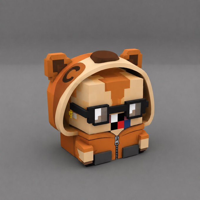 A voxel-style 3D character wearing an orange tiger hoodie, black pixelated sunglasses, and a color-blocked scarf, matching the playful, pixelated aesthetic commonly seen in NFT collectibles being shared as a weekend greeting to the crypto/NFT community.