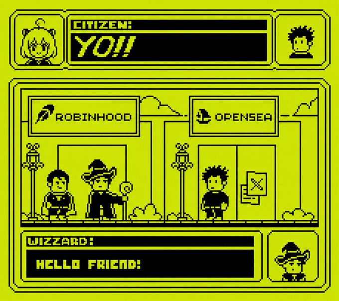 A retro pixel-art style game interface showing a character named 'YO!!' between locations labeled 'ROBINHOOD' and 'OPENSEA', with a wizard saying 'HELLO FRIEND!' below.