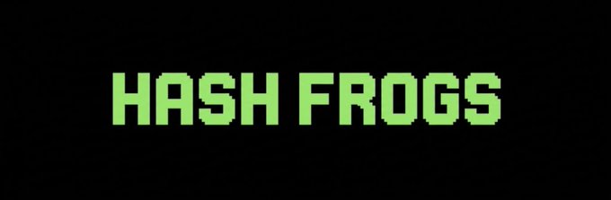 The image displays the text "HASH FROGS" in green pixelated/blocky letters on a black background, serving as the project name or branding for the NFT collection referenced in the post. The post explains that the mint price for Hash Frogs is determined algorithmically by a smart contract rather than being manually adjusted by the team.