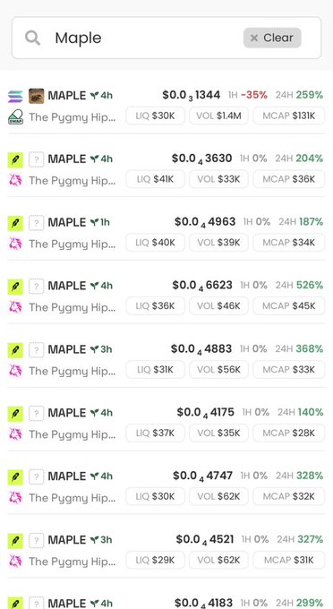 A cryptocurrency search results page on DEXTools for the token 'MAPLE' (The Pygmy Hip...) showing various pairs with 24-hour gains ranging from 140% to 526%.