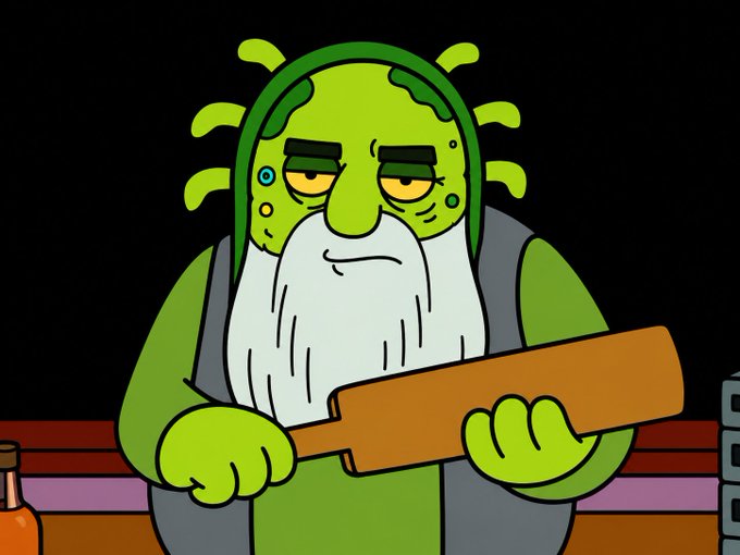 A cartoon character depicting an elderly green-skinned man with a white beard wearing a green helmet and holding a large wooden bat or club.