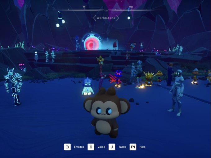 A cute cartoon monkey avatar stands in a neon-lit virtual cave at the "Worldstone" portal in the Otherside metaverse, surrounded by various player avatars and glowing creatures. The image ties to the post by showcasing Otherside as the perfect immersive destination to enjoy "Chuesday" with a vibrant community.