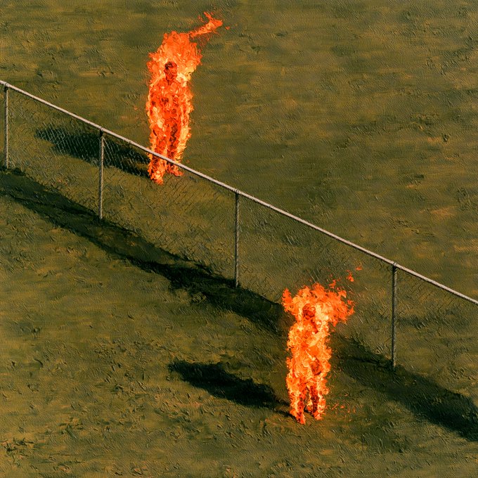 Two human figures engulfed in flames stand on opposite sides of a chain-link fence, connected by a tether of fire yet divided by the barrier—visually embodying "separation anxiety" as both are burning to stay together while being pulled apart.