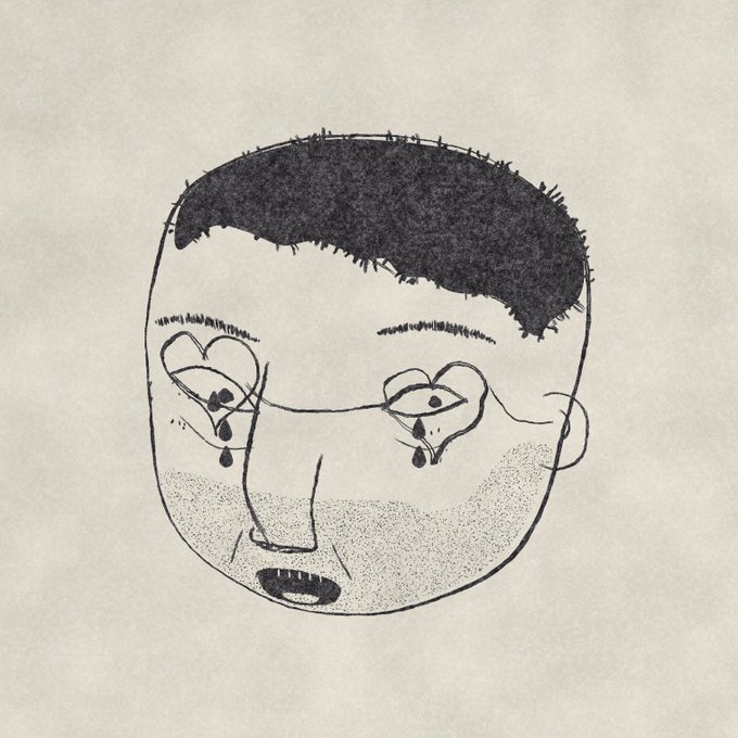 Black and white hand-drawn illustration of a face with heart-shaped eyes crying, featuring stippled shading and a bowl-cut hairstyle.