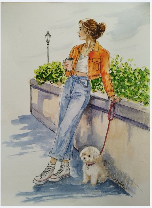 A watercolor illustration depicts a woman in a denim outfit and orange jacket holding a coffee cup while leaning against a wall planter with her small white dog on a leash.