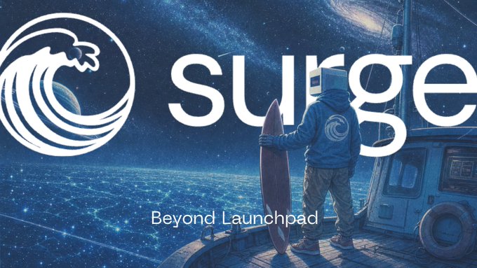 The image features a man holding a surfboard while standing next to a boat with the word "Surge" written above him. The background of the image shows a beautiful view of the ocean, which adds to the overall theme of surfing and adventure. The caption below the image reads, "Sui needs more than isolated AI experiments. It needs: launch infrastructure for AI assets, community participation, liquidity formation, milestone-based growth." This message emphasizes the importance of collaboration and innovation in the field of artificial intelligence (AI).