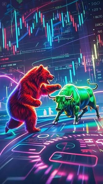 A neon digital art piece depicting a red bear and a green bull facing off, symbolizing stock market bearish and bullish trends, overlaid with candlestick charts.
