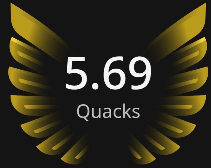 The image features a logo with a gold wing design against a black background. The text "gQuack fam" is written below the wing design, which could be related to a social media platform or an online community. The main focus of the image is on the number 5.69 and the word "quacks," possibly indicating some sort of competition or contest involving the use of the hashtag #quacks.
