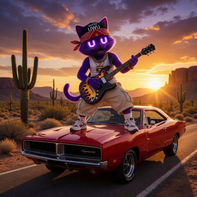 The image features a purple cat wearing a bandana, dressed as a rocker and holding a guitar while sitting atop an old red car that appears to be moving down a road at sunset. The backdrop includes a desert landscape filled with cacti, and there are also some distant mountains in the scene.