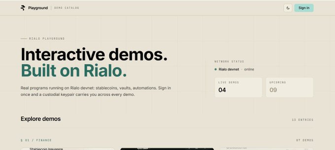 The image shows a screenshot of a website called "Interactive demos. Built on Rialo!". The title of the article reads "Interactive demos, Built on Rialo.", which indicates that this content focuses on discussing the features or functionalities of a software developed by Rialo. Below it, there are two examples of how Rialo has been implemented in real-life situations as part of their technology platform. These scenarios show how Rialo is becoming increasingly integrated into various industries for practical use cases. The image's content appears to be related to the post discussing this software and its practical applications.