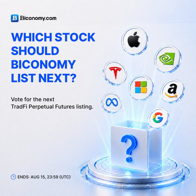 A promotional graphic from Biconomy.com asking 'WHICH STOCK SHOULD BICONOMY LIST NEXT?' featuring company logos (Apple, NVIDIA, Tesla, Microsoft, Meta, Amazon, Google, and Meta's Infinity logo) floating above a mystery box, with voting ending August 15.