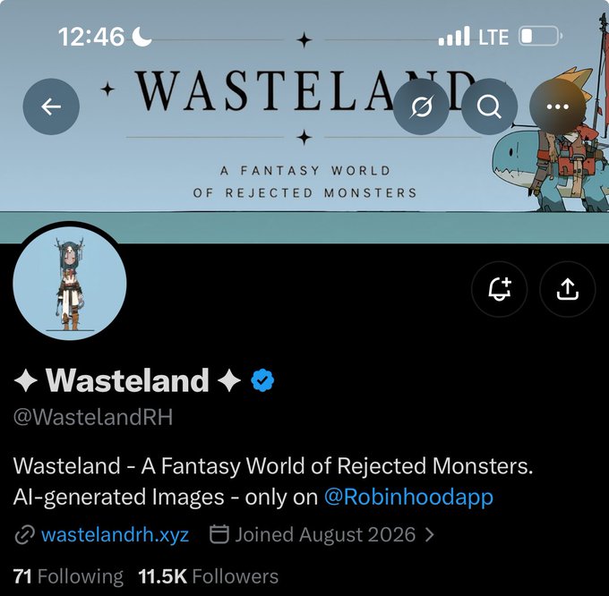 A screenshot of a Twitter/X profile for 'Wasteland' (@WastelandRH) describing itself as 'A Fantasy World of Rejected Monsters' with AI-generated images on @Robinhoodapp, showing 11.5K followers.