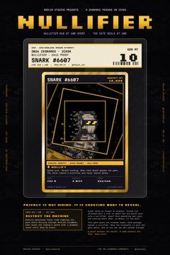 A retro-styled trading card labeled 'HULLIFIER' featuring 'SNARK #6687' with a value of '10' and text indicating 'PRIVATE IS NOT HIDING. IT IS CHOOSING WHAT WE REVEAL.'