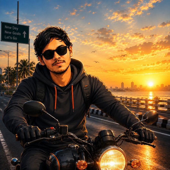 A man with dark hair and sunglasses rides a motorcycle along a coastal road at sunset, wearing a dark hoodie and gloves, with a green road sign reading 'New Day New Goals Let's Go' visible in the background.