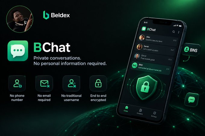 A promotional graphic for 'BChat' by Beldex, advertising private conversations with no personal information required; features a smartphone mockup of the chat app and icons highlighting 'No phone number,' 'No email required,' 'No traditional username,' and 'End to end encrypted.'