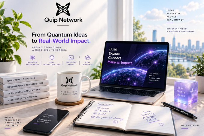 A marketing layout for 'Quip Network' featuring a laptop, smartphone, mug, and notebook on a desk, with the slogan 'From Quantum Ideas to Real-World Impact' and 'Build, Explore, Connect, Make an Impact.' displayed on the screens.