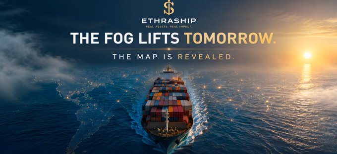 A promotional banner for 'ETHRASHIP' featuring a large container ship sailing on the ocean at sunset, with the tagline 'THE FOG LIFTS TOMORROW. THE MAP IS REVEALED.'