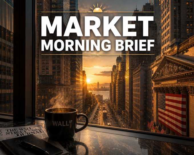 A 'MARKET MORNING BRIEF' graphic features a steaming 'WALL ST' coffee mug next to a Wall Street Journal on a windowsill, overlooking a golden sunrise over a Manhattan street with the New York Stock Exchange and an American flag visible.