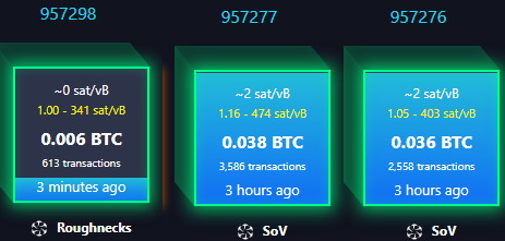 A dashboard displays three empty Bitcoin mempool blocks (#957298, #957277, and #957276) submitted by Roughnecks and SoV, showing sat/vB fees ranging from ~0 to ~2 with low BTC totals (0.006–0.038 BTC) and timeframes spanning from 3 minutes to 3 hours ago. The image illustrates the consequences described in the post: empty blocks are being mined due to BIP110 filtering out spam transactions, with low fees and few transactions confirming that compliant miners are leaving spam transactions behind in the mempool.