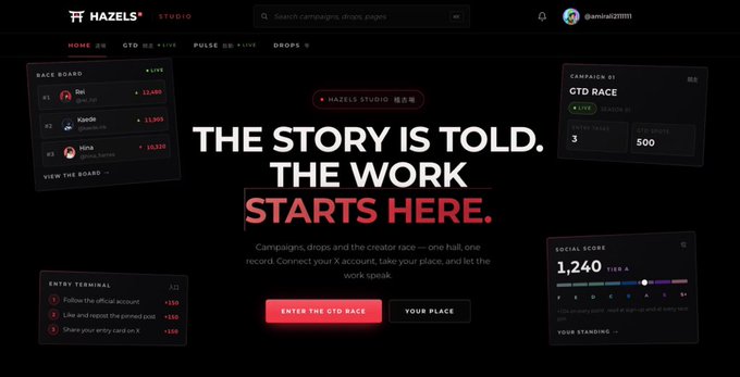 A screenshot of a website dashboard titled "HAZELS STUDIO" displays "THE STORY IS TOLD. THE WORK STARTS HERE," along with a "GTD RACE" board, entry terminal instructions, and social score stats.