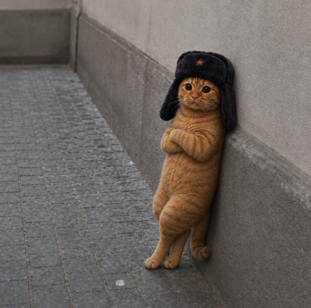 An orange tabby cat standing upright on its hind legs with crossed front paws, wearing a black ushanka hat with a red star, leaning against a stone wall on a sidewalk.